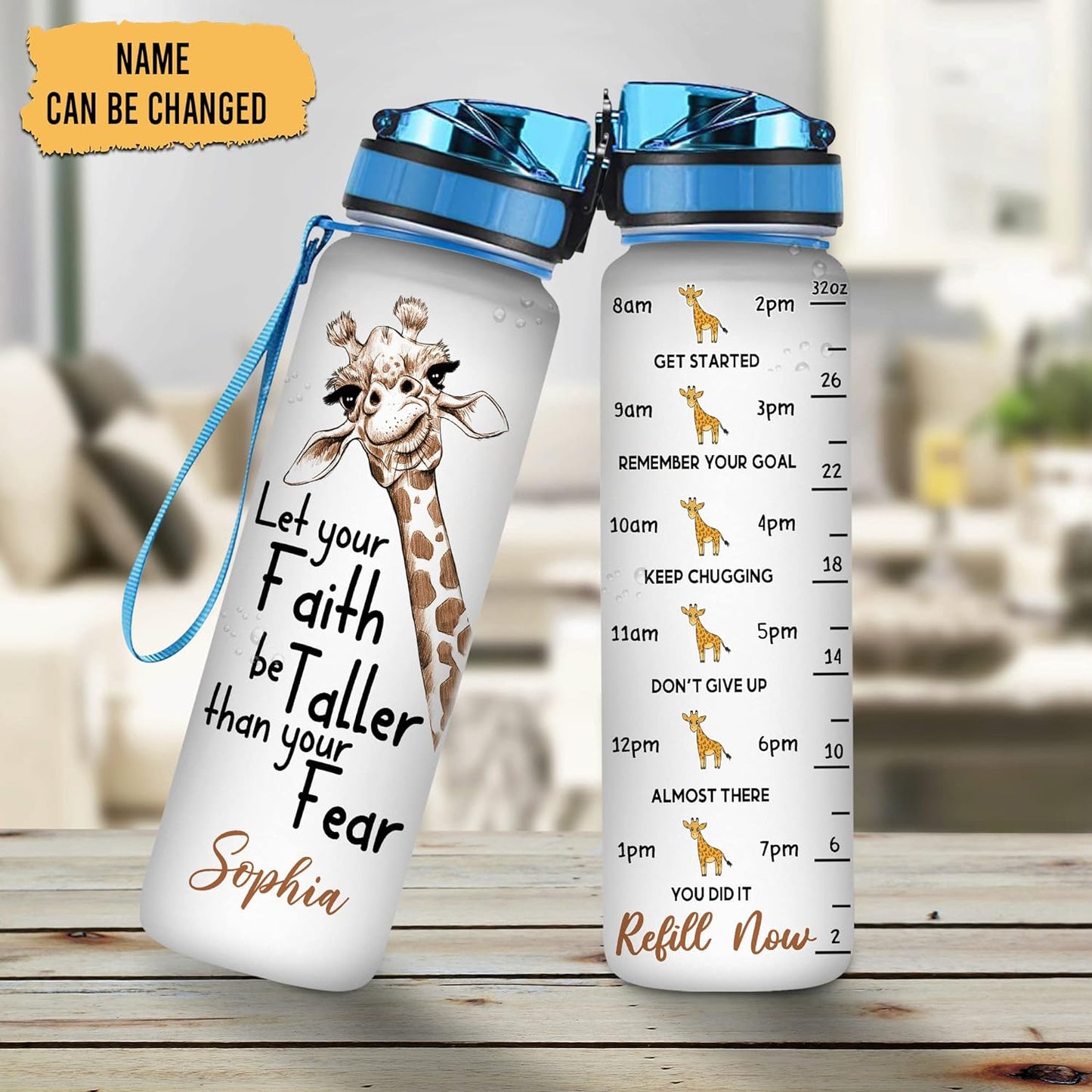 Giraffe Faith Inspiration Water Bottle Tracker 32oz – Personalized Motivational Bottle with Time Marker – Uplifting Gift for Women