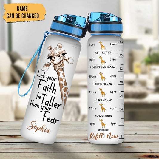 Giraffe Faith Inspiration Water Bottle Tracker 32oz – Personalized Motivational Bottle with Time Marker – Uplifting Gift for Women