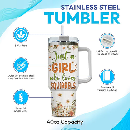 Squirrel Woodland Tumbler 40oz – Personalized Stainless Steel Insulated Cup with Handle & Straw – Cute Gift for Squirrel Lovers