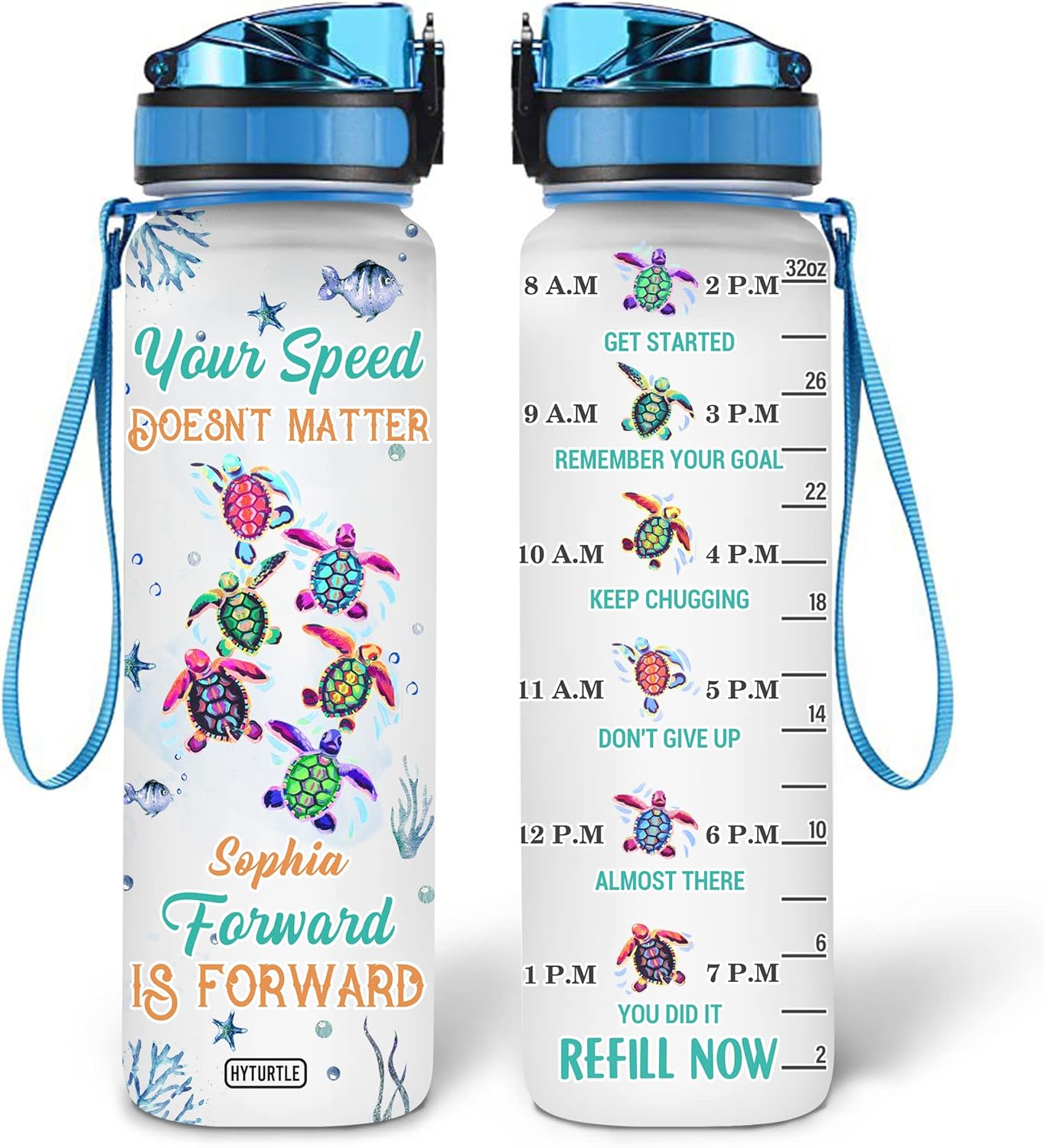 Sea Turtle Water Bottle Tracker 32oz – Personalized Motivational Bottle with Time Marker – Inspirational Gift for Turtle Lovers