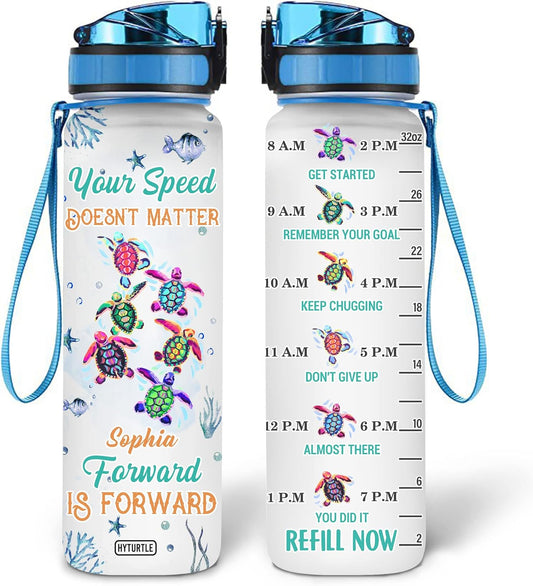 Sea Turtle Water Bottle Tracker 32oz – Personalized Motivational Bottle with Time Marker – Inspirational Gift for Turtle Lovers