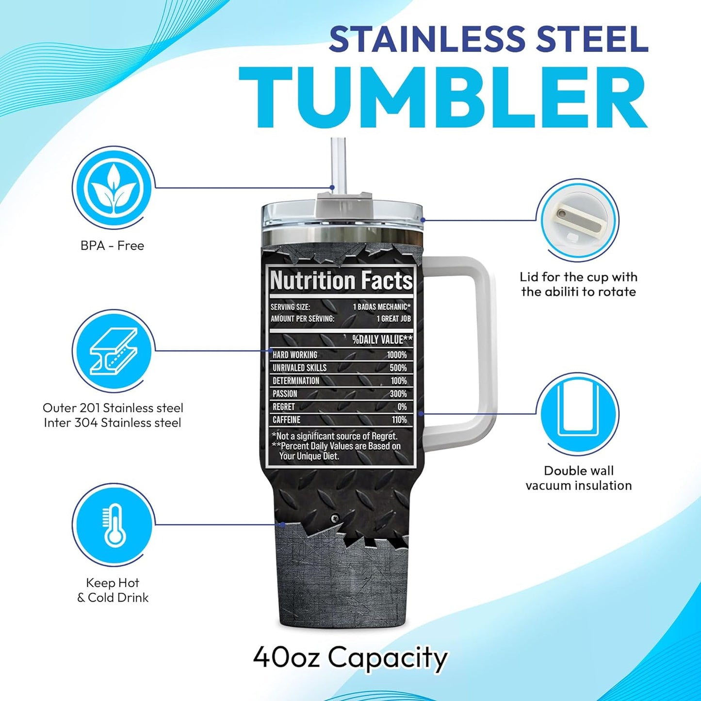 Mechanic Tools Nutrition Facts Tumbler 40oz with Handle & Straw – Personalized Stainless Steel Travel Cup with Lid – Practical Gift for Mechanics