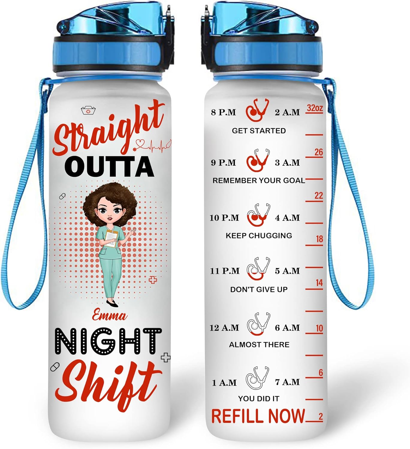 Funny Night Shift Nurse Water Bottle Tracker 32oz – Personalized Motivational Bottle with Time Marker – Unique Appreciation Gift for Nurses