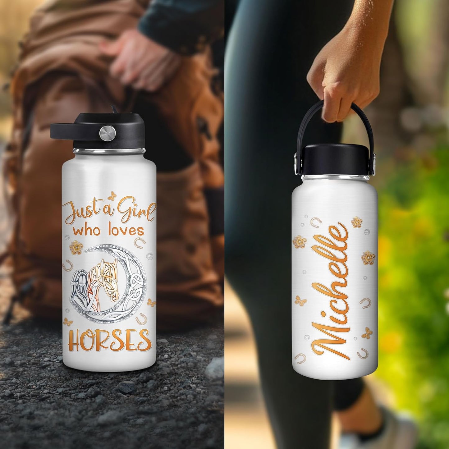 Sparkling Horse Water Bottle 32oz – Personalized Stainless Steel Insulated Bottle with Leak-Proof Lid – Stylish Gift for Horse Lovers