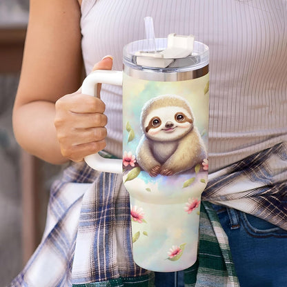 Cute Sloth Tumbler 40oz with Handle & Straw – Personalized Stainless Steel Travel Cup with Lid – Adorable Gift for Animal Lovers