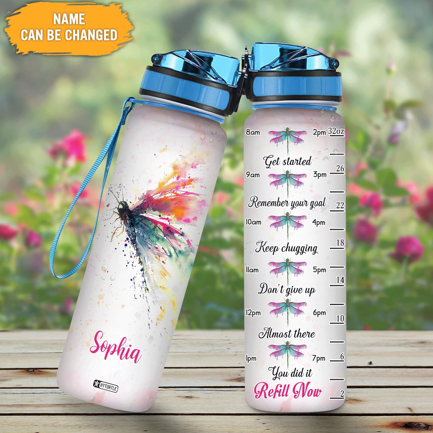 Dragonfly Watercolor Pattern - Personalized Water Tracker Bottle 32oz