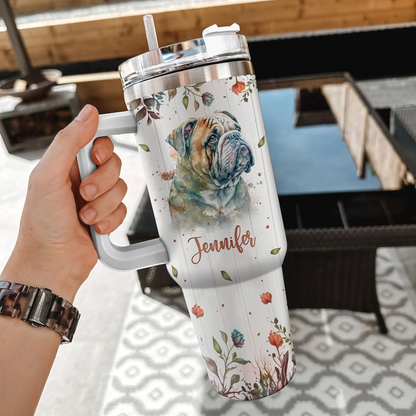 Bulldog Lover Tumbler 40oz with Handle & Straw – Personalized Stainless Steel Insulated Cup with Lid – Gift for Dog Moms
