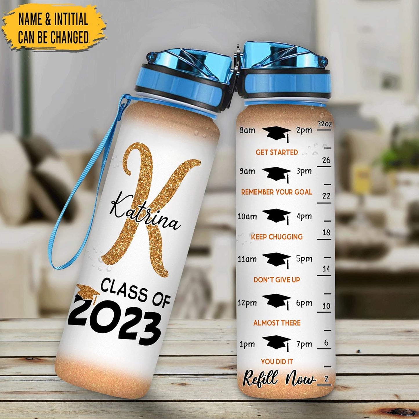 Graduation Cap Water Bottle Tracker 32oz – Personalized Motivational Water Bottle with Time Marker – Unique Graduation Gift for Students