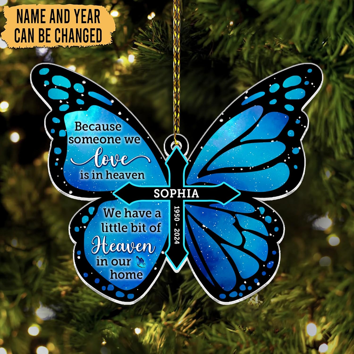 Blue Butterfly Memorial Cut Acrylic Ornament – Personalized Remembrance Gift with Custom Name and Years for Loss of Loved One, Bereavement