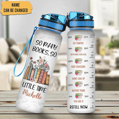 So Many Books Theme Water Bottle Tracker 32oz – Personalized Motivational Bottle with Time Marker – Thoughtful Gift for Readers