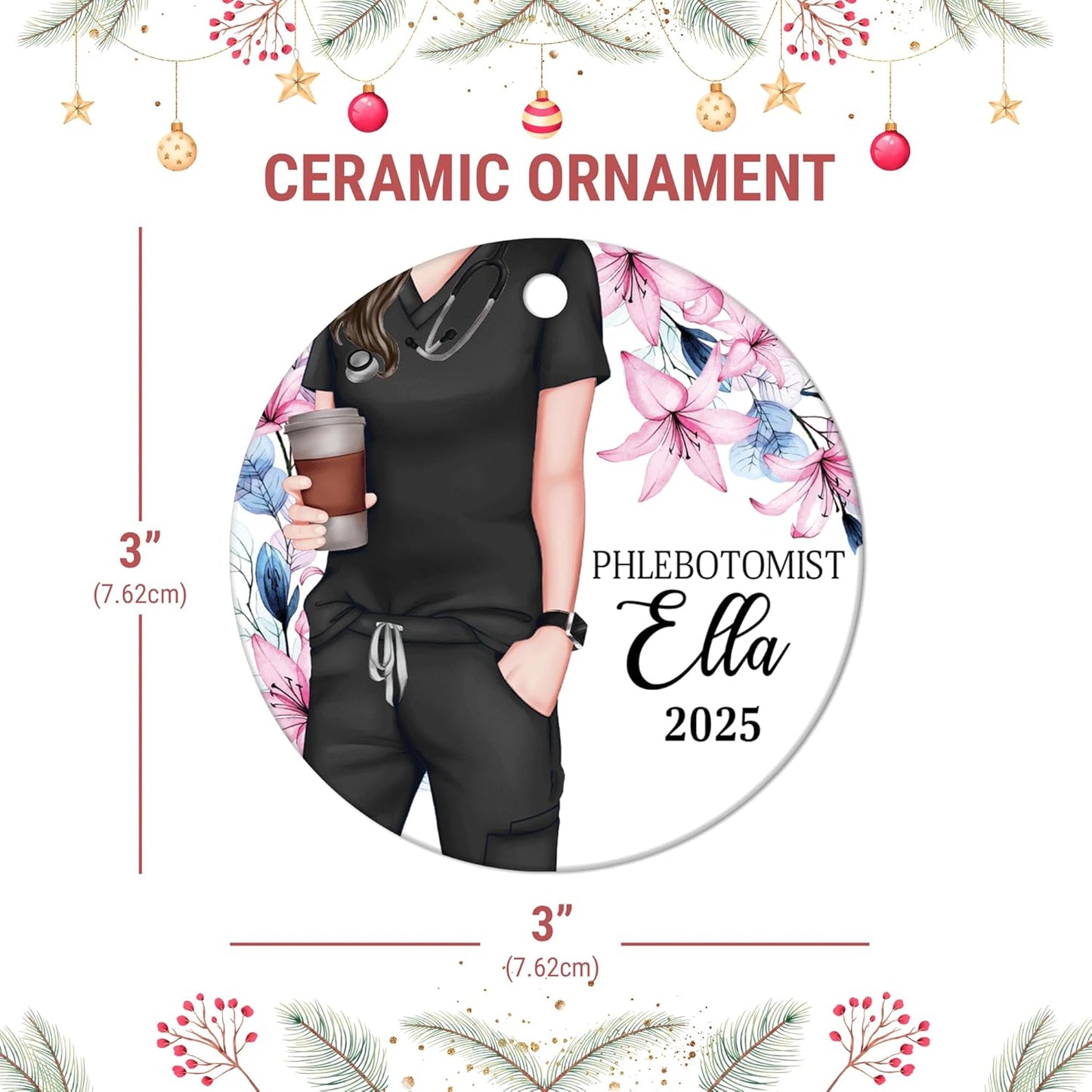 Phlebotomist Scrubs Floral Ceramic Circle Ornament – Personalized Christmas Gift for Medical Worker, Lab Tech or Healthcare Hero Appreciation