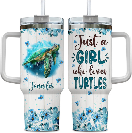 Sea Turtle Tumbler 40oz – Personalized Stainless Steel Insulated Cup with Handle & Straw – Ocean Theme Travel Mug Gift for Turtle Lovers
