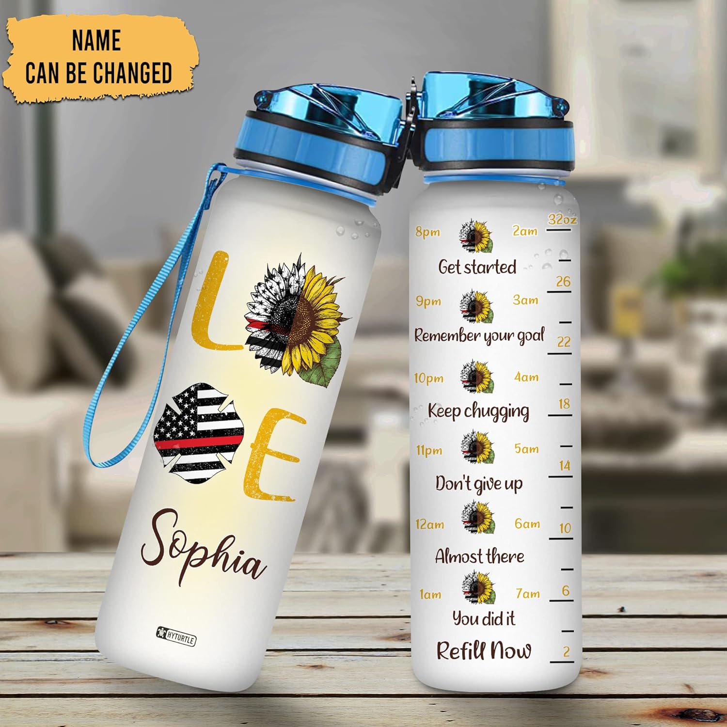 Love Sunflower USA Flag - Personalized Water Tracker Bottle 32oz