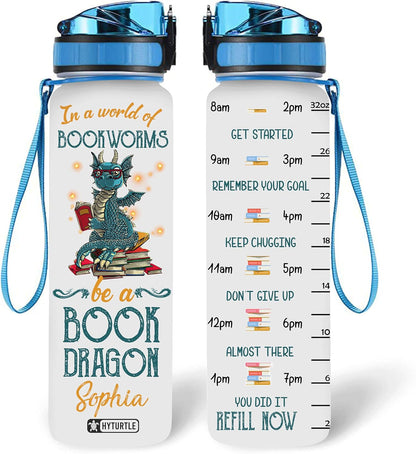 Book Dragon Water Bottle Tracker 32oz – Personalized Fantasy Gift for Book & Dragon Lovers