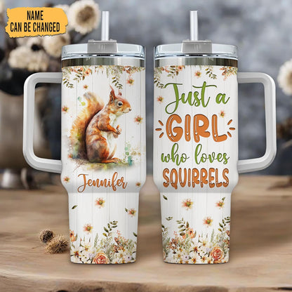 Squirrel Woodland Tumbler 40oz – Personalized Stainless Steel Insulated Cup with Handle & Straw – Cute Gift for Squirrel Lovers