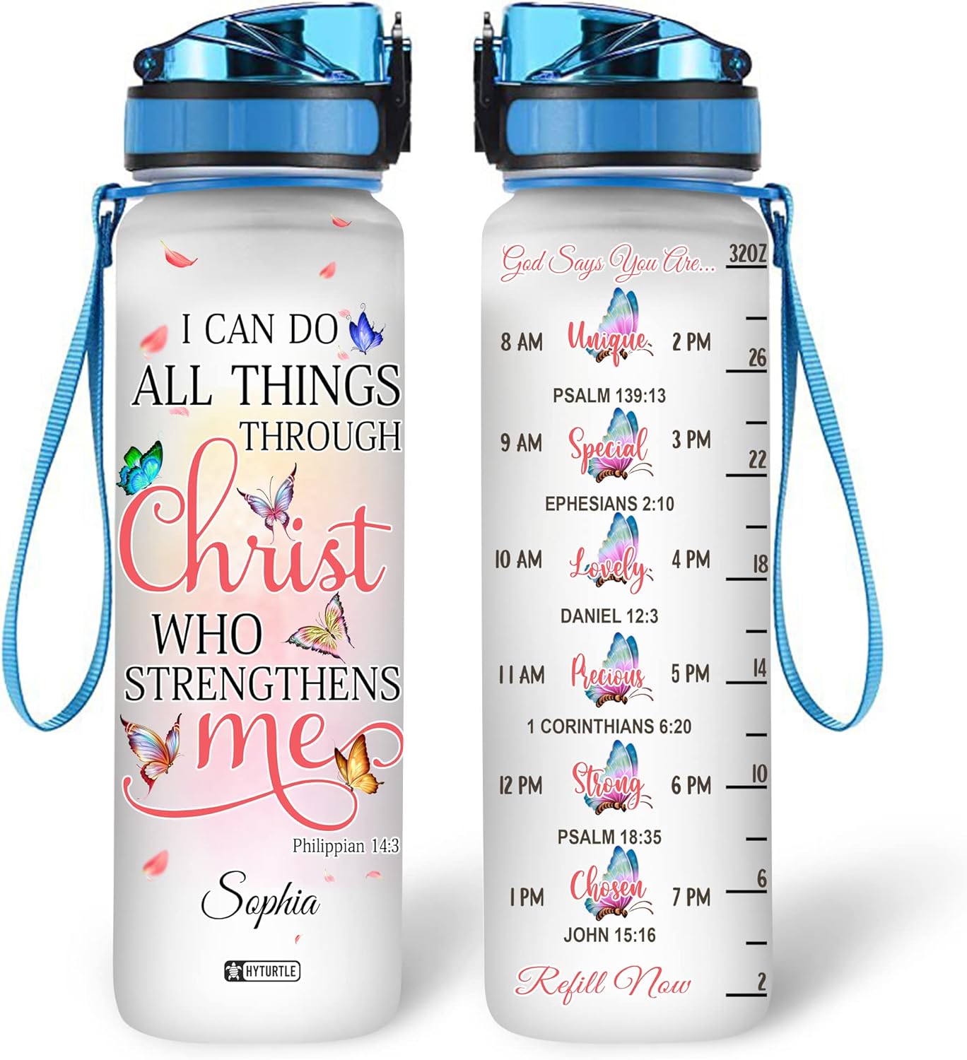 Christ Butterfly Water Bottle Tracker 32oz Personalized – Motivational Christian Daily Bottle with Time Marker – Inspirational Gift for Women