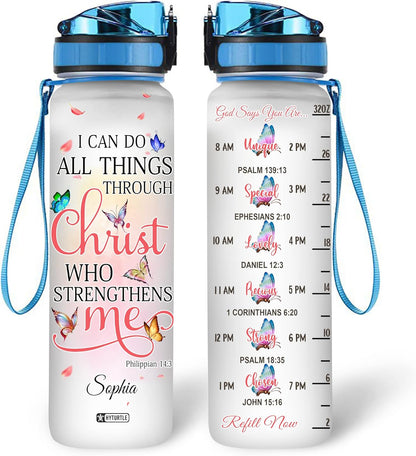 Christ Butterfly Water Bottle Tracker 32oz Personalized – Motivational Christian Daily Bottle with Time Marker – Inspirational Gift for Women