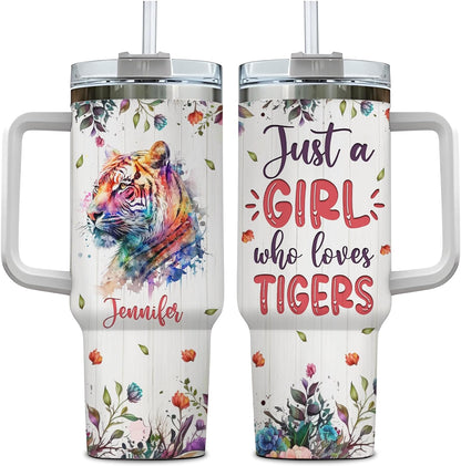 Watercolor Tiger Tumbler 40oz – Personalized Stainless Steel Insulated Cup with Handle & Straw – Artistic Gift for Tiger Lovers