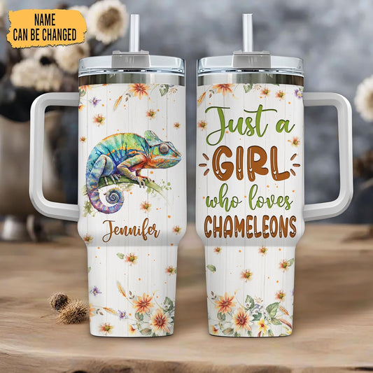 Colorful Chameleon Tumbler 40oz with Handle & Straw – Personalized Stainless Steel Insulated Cup with Lid – Artistic Gift for Reptile Lovers