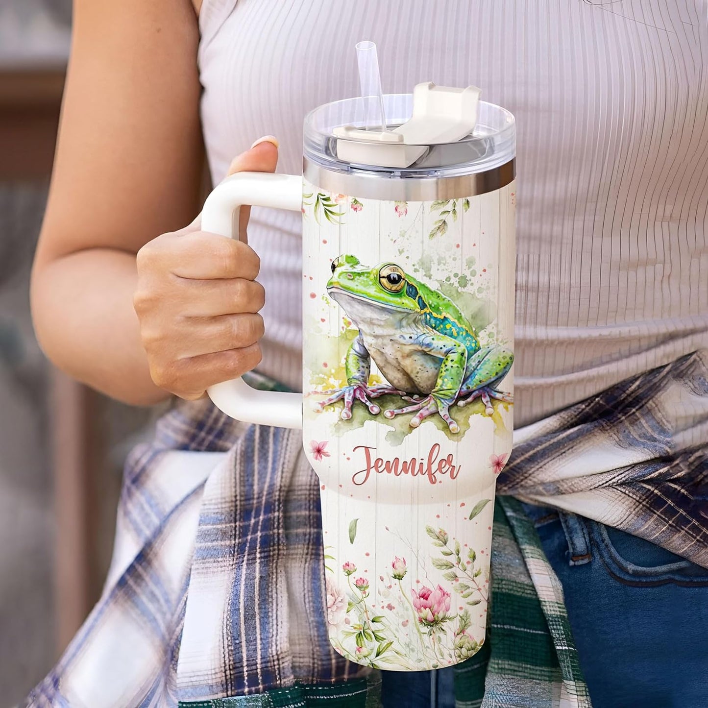 Frog Garden Tumbler 40oz – Personalized Stainless Steel Insulated Cup with Handle & Straw – Fun Gift for Frog Lovers