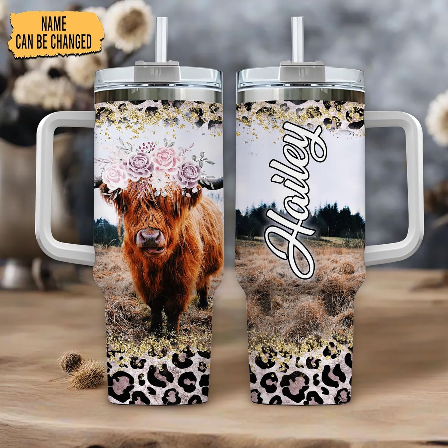 Floral Highland Cow Tumbler 40oz – Personalized Stainless Steel Insulated Travel Cup with Handle & Straw, Leak-Proof Lid – Stylish Gift for Farm Animal Lovers