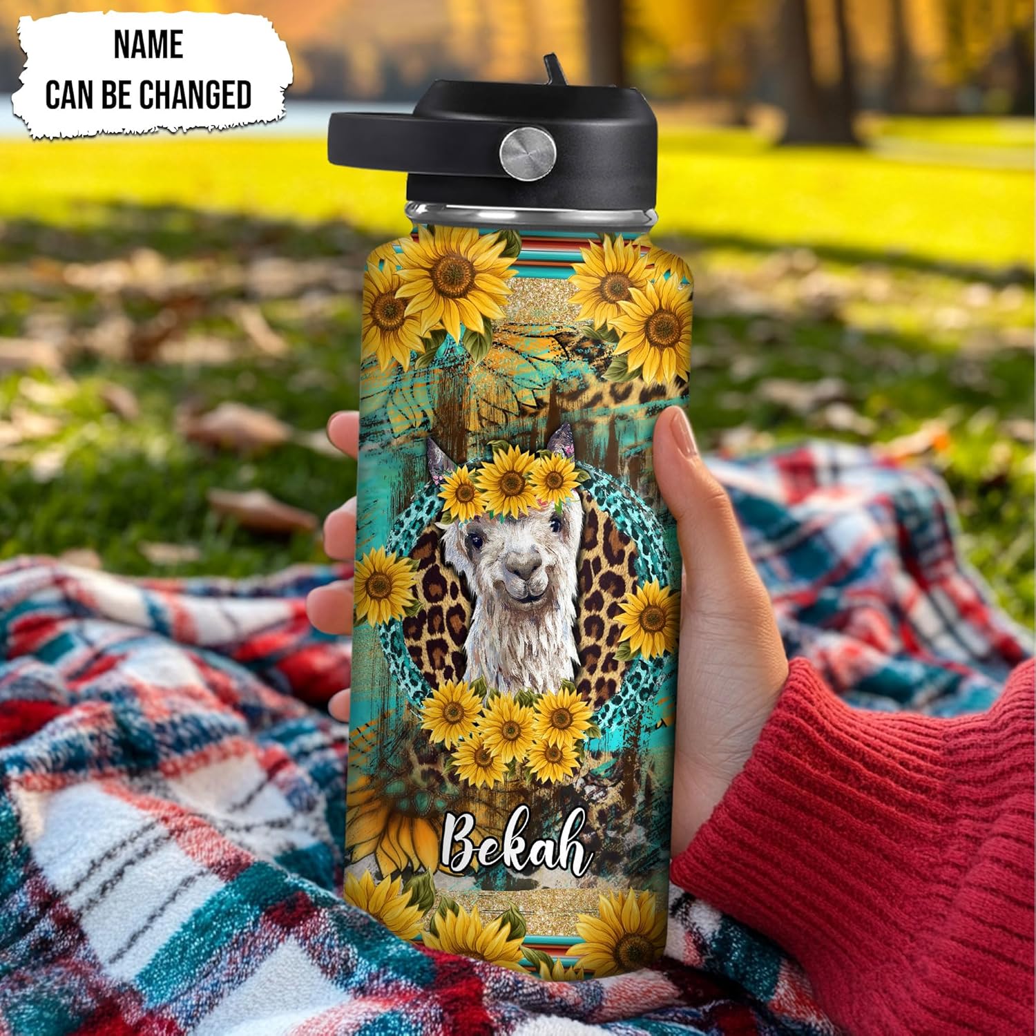 Sunflower Western Llama “Just a Girl Who Loves Llamas” Water Bottle 32oz – Personalized Stainless Steel Insulated Bottle with Leak-Proof Lid – Creative Gift for Llama Lovers