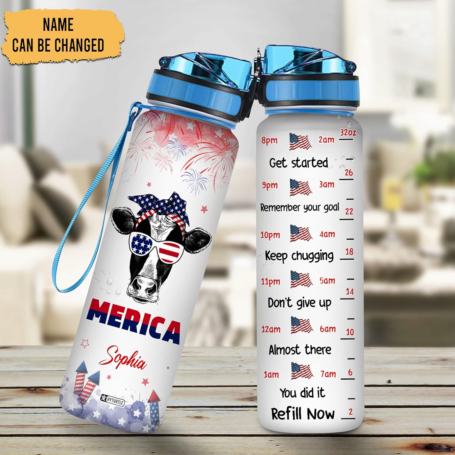 Cow American Flag - Personalized Water Tracker Bottle 32oz