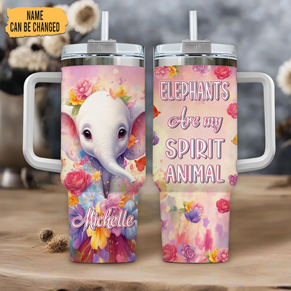 Elephant Lover Tumbler 40oz with Handle & Straw – Personalized Stainless Steel Insulated Cup with Lid – Unique Birthday Gift for Women & Girls