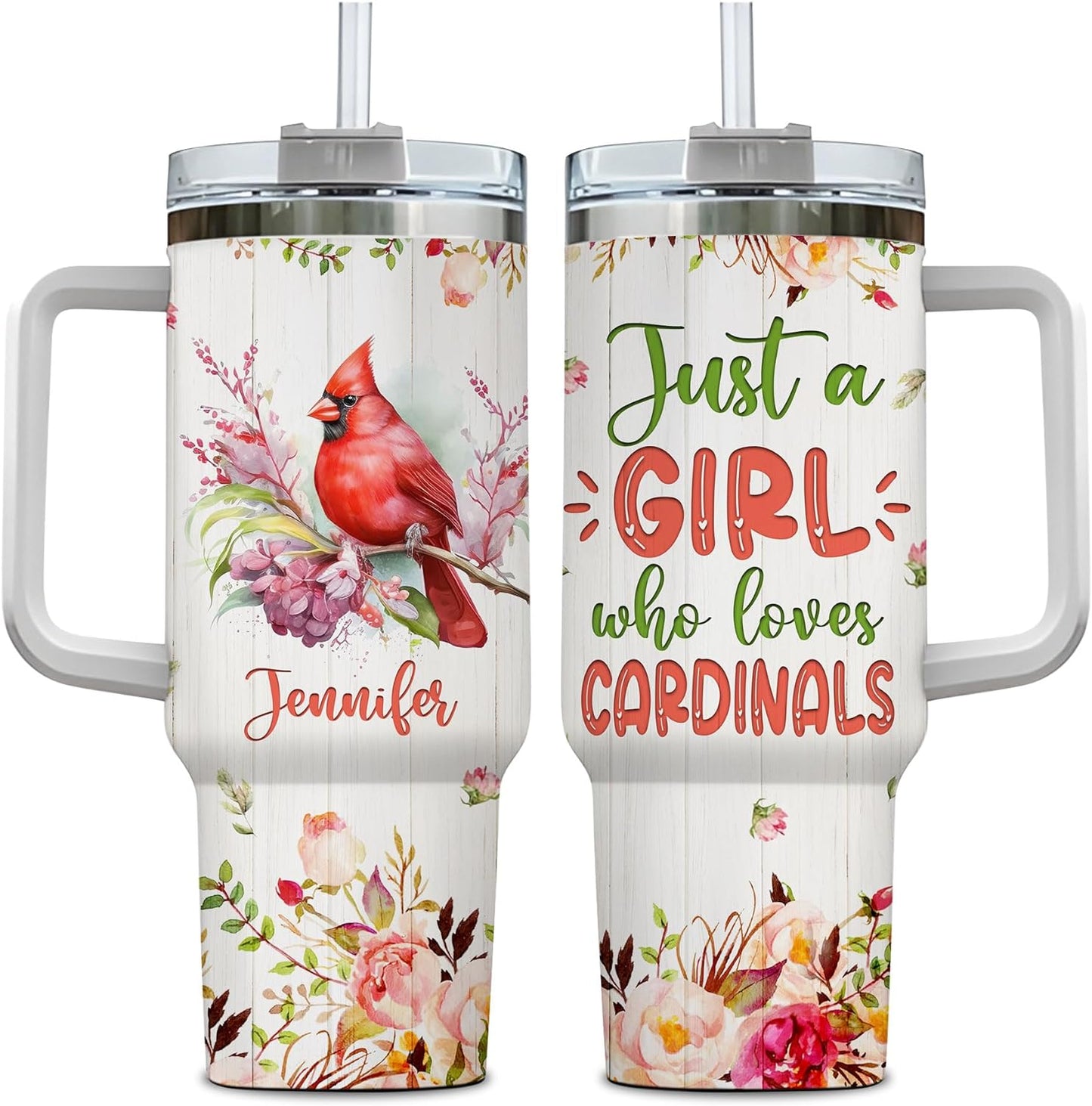Cardinal Lover Tumbler 40oz with Handle & Straw – Personalized Stainless Steel Travel Cup with Lid – Bright Gift for Bird Enthusiasts