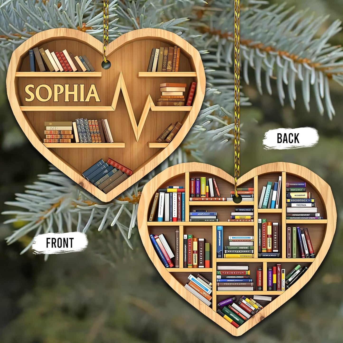 Bookshelf Heartbeat Wood Ornament – Personalized Christmas Gift for Teacher, Librarian, or Book Lover