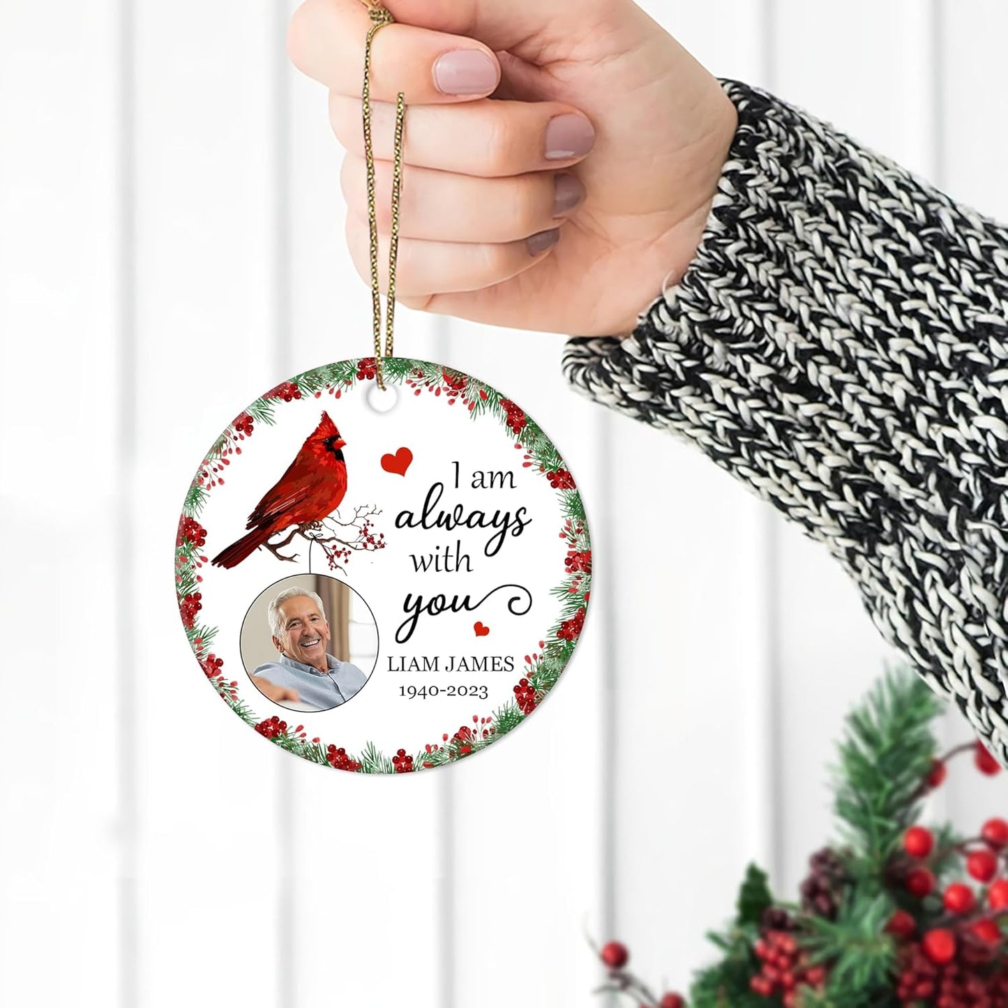 Cardinal Wreath Memorial Ceramic Ornament – Personalized Photo Remembrance Gift for Loss, Sympathy or Christmas Tribute
