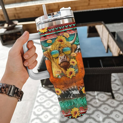 Highland Cow Western Sunflower Tumbler 40oz with Handle & Straw – Personalized Stainless Steel Insulated Cup with Lid – Creative Gift for Animal Lovers