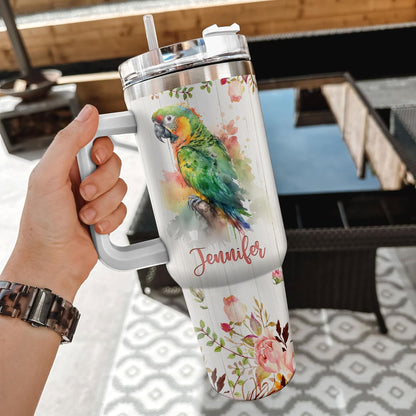 Parrot Lover Tumbler 40oz with Handle & Straw – Personalized Stainless Steel Travel Cup with Lid – Fun Gift for Tropical Bird Lovers