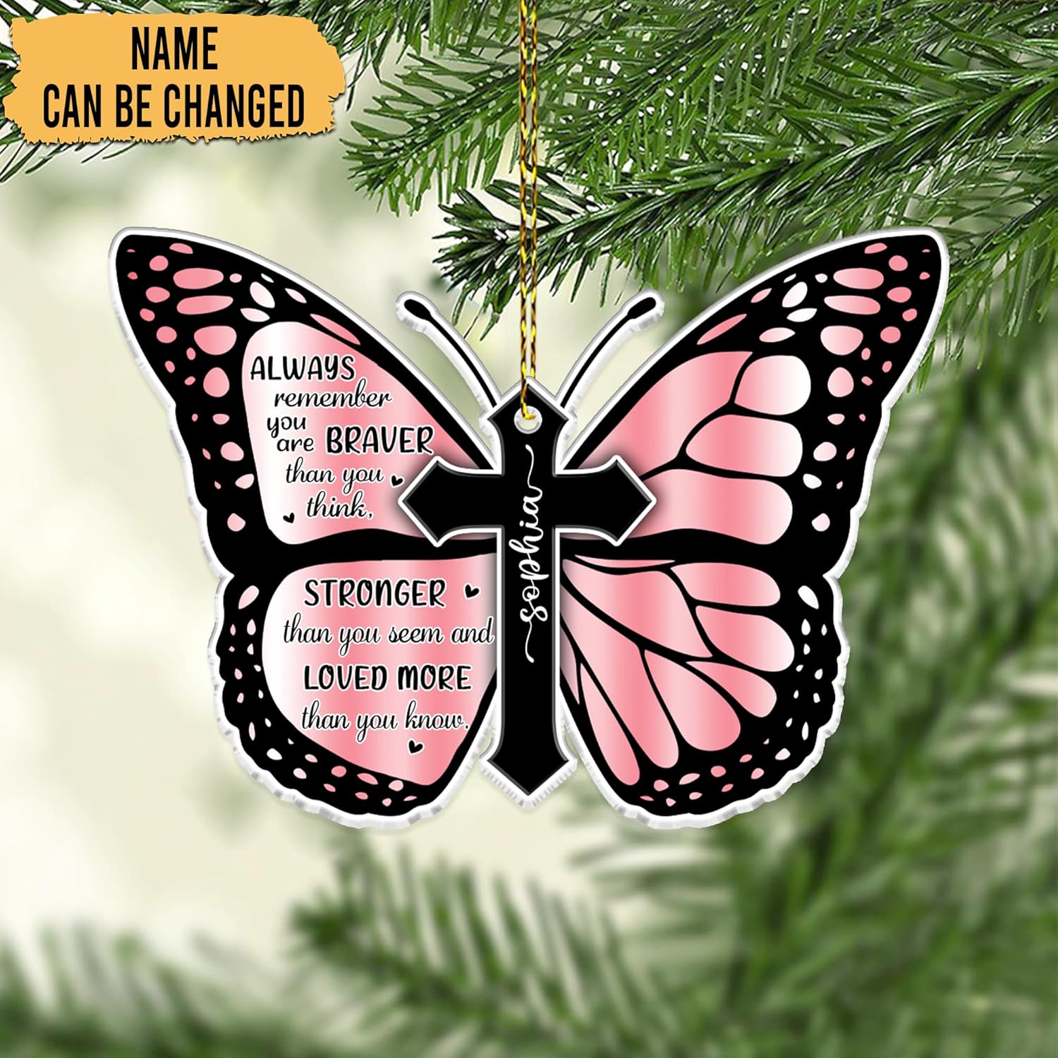 Pink Butterfly Breast Cancer Cut Acrylic Ornament – Personalized Encouragement Gift for Survivor or Warrior, Awareness Ribbon Christmas Tree Decor
