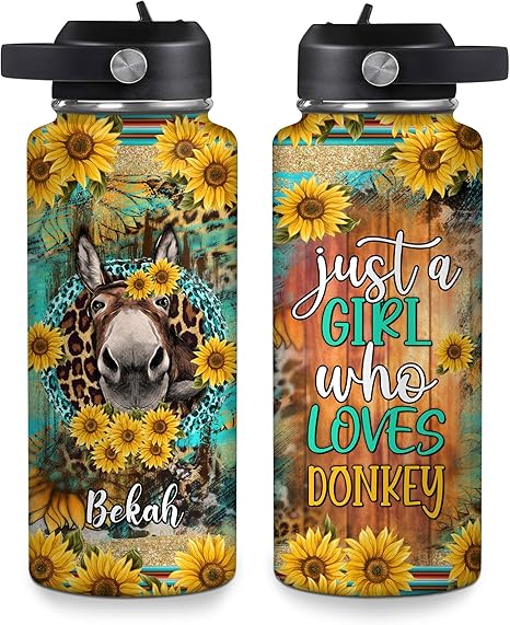 Sunflower Western Donkey “Just a Girl Who Loves Donkeys” Water Bottle 32oz – Personalized Stainless Steel Insulated Bottle with Leak-Proof Lid – Creative Gift for Donkey Lovers