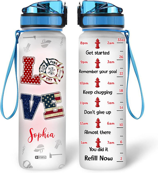 Love Firefighter USA Flag - Personalized Water Tracker Bottle 32oz