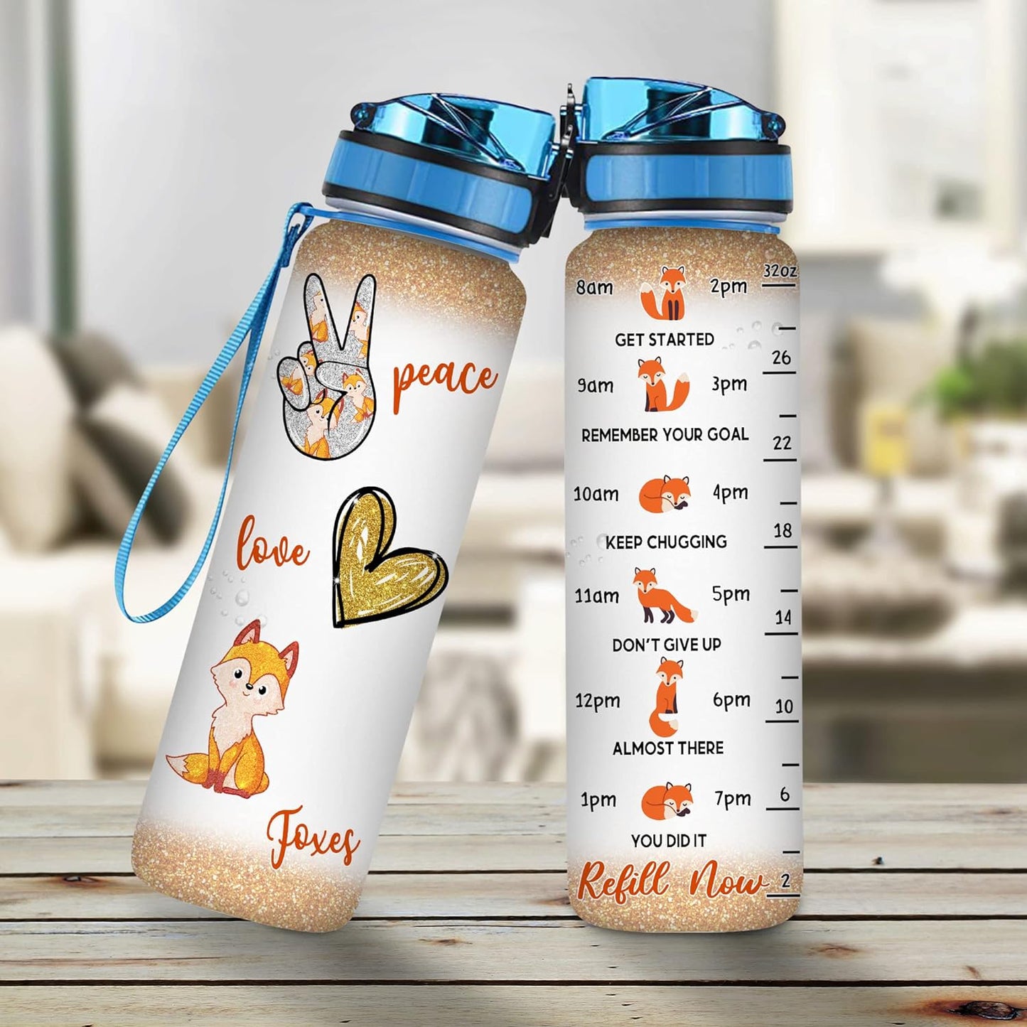 Peace Love Foxes Water Bottle Tracker 32oz – Personalized Motivational Bottle with Time Marker – Stylish Gift for Fox Lovers