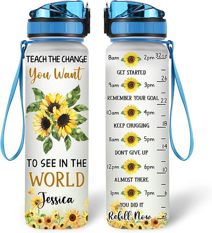 Inspirational Sunflower Water Bottle Tracker 32oz – Personalized Motivational Water Bottle with Time Marker – Gift for Women