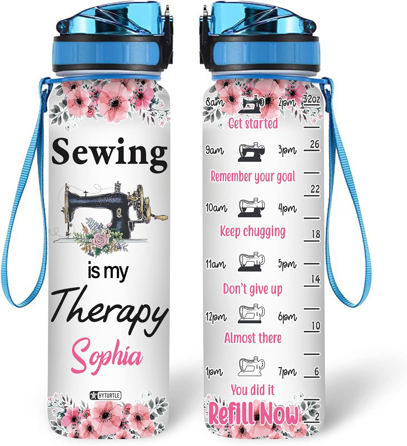 Sewing Therapy Water Bottle Tracker 32oz Personalized – Floral Sewing Machine Hydration Bottle with Time Marker – Creative Gift for Women