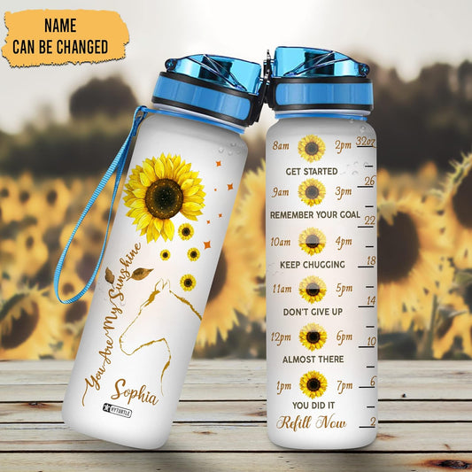 Horse & Sunflower Water Bottle Tracker 32oz Personalized – Motivational Daily Bottle with Time Marker – Unique Gift for Horse Lovers
