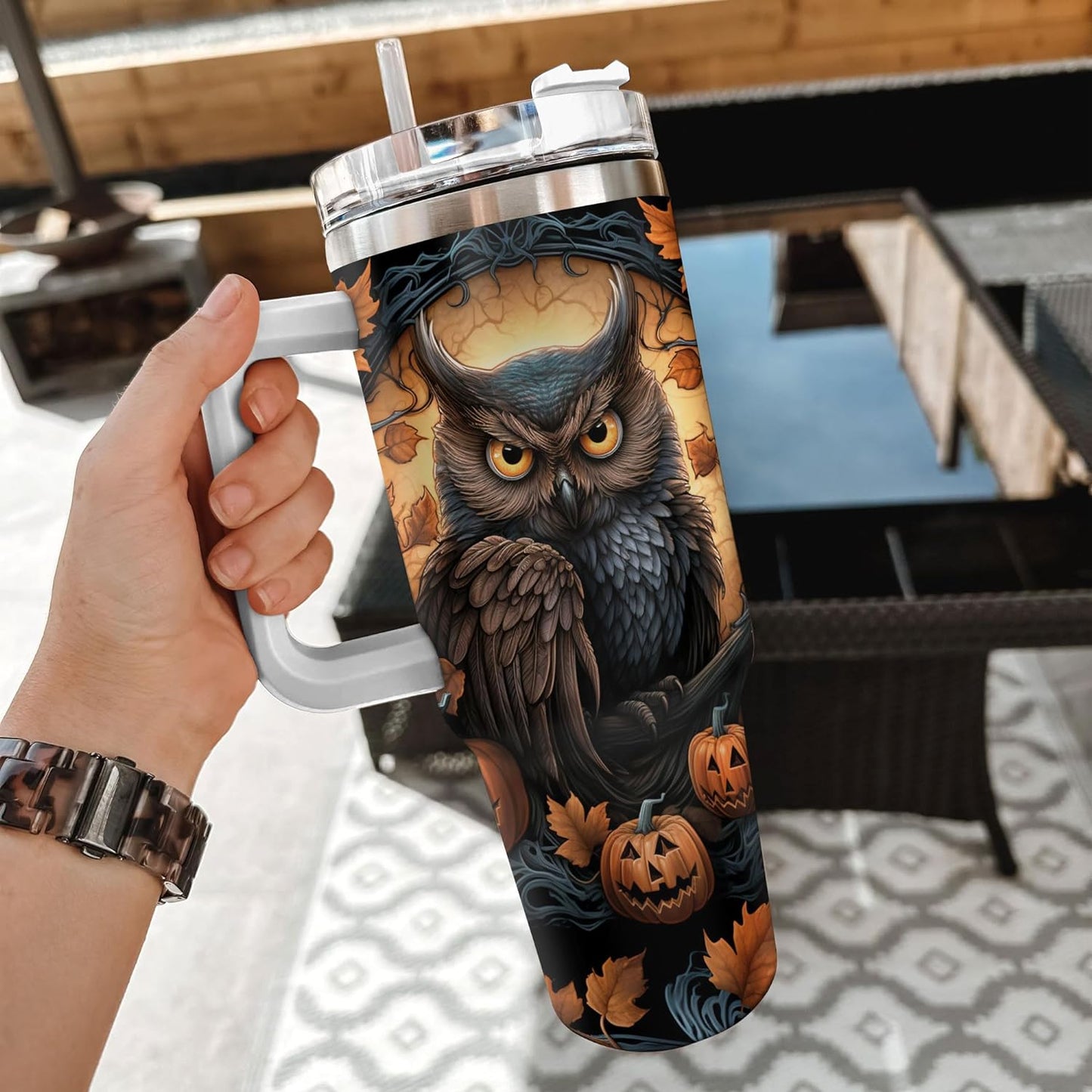 Halloween Owl Tumbler 40oz with Handle & Straw – Personalized Stainless Steel Insulated Cup with Lid – Spooky Gift for Owl Lovers