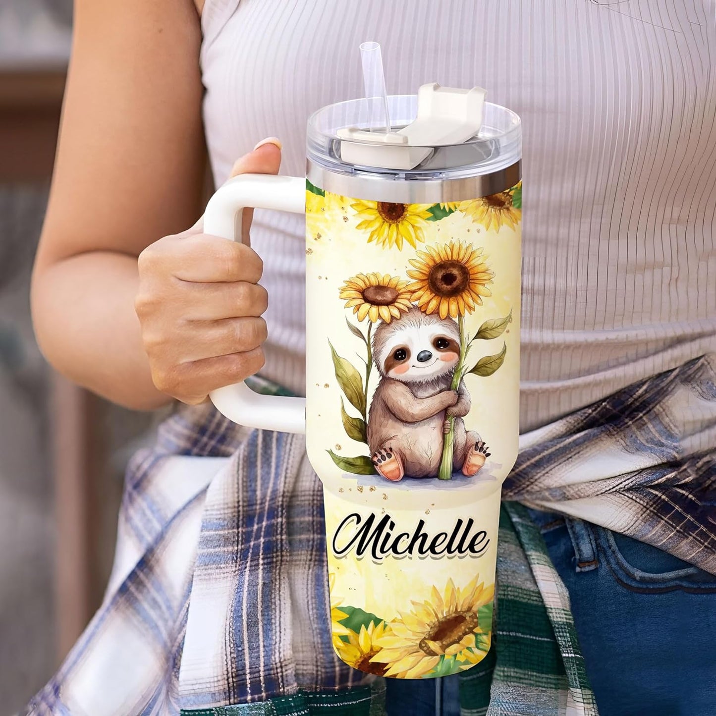 Cute Sloth & Sunflower Tumbler 40oz with Handle & Straw – Personalized Stainless Steel Insulated Travel Cup with Lid – Adorable Gift for Sloth Lovers