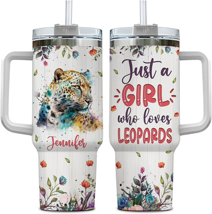 Leopard Watercolor Tumbler 40oz – Personalized Stainless Steel Insulated Cup with Handle & Straw – Stylish Gift for Leopard Lovers