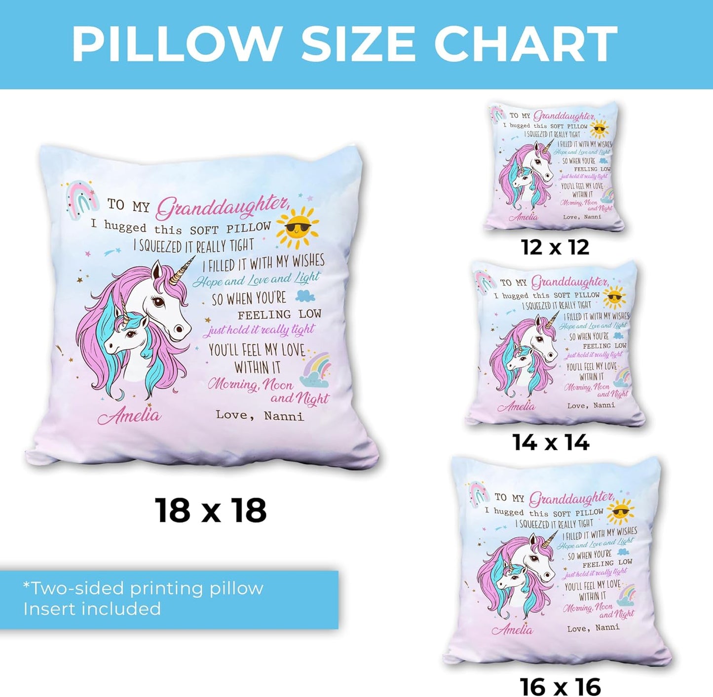 Personalized Unicorn Pillow with Insert – To My Granddaughter from Grandma – Custom Name Birthday or Graduation Gift