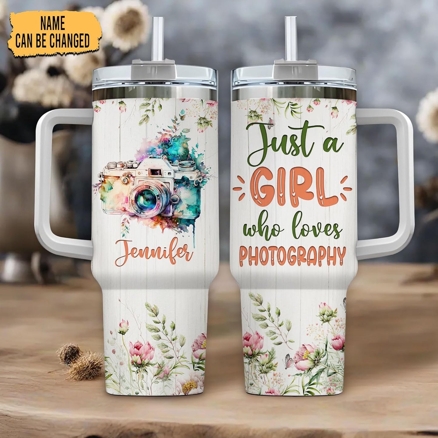 Vintage Camera Art 40oz Tumbler with Handle & Straw – Personalized Stainless Steel Insulated Travel Cup with Lid – Creative Gift for Photography Lovers