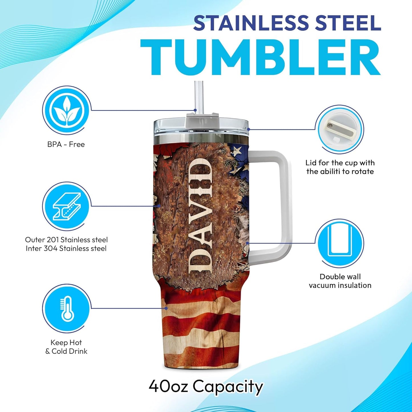Deer Hunting Tumbler 40oz with Handle & Straw – Personalized Stainless Steel Travel Cup with Lid – Outdoor Gift for Hunters & Dads
