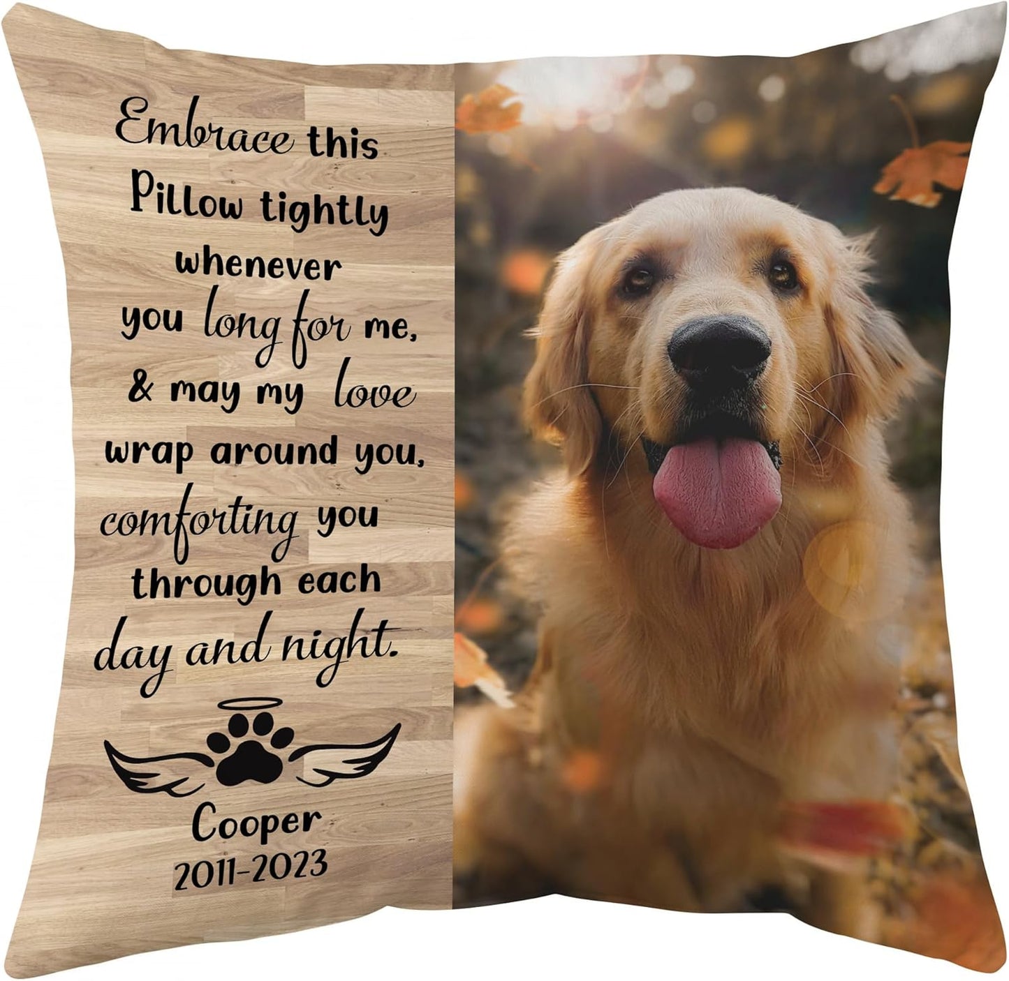 Woodgrain Pet Memorial Personalized Pillow with Insert – Custom Name Dog Remembrance Cushion – Healing Gift for Pet Loss and Comfort