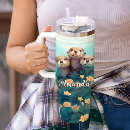 Cute Otter Tumbler 40oz with Handle & Straw – Personalized Stainless Steel Insulated Travel Cup with Lid – Adorable Gift for Otter Lovers