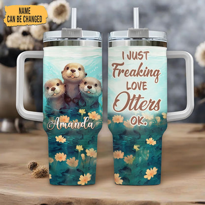 Cute Otter Tumbler 40oz with Handle & Straw – Personalized Stainless Steel Insulated Travel Cup with Lid – Adorable Gift for Otter Lovers