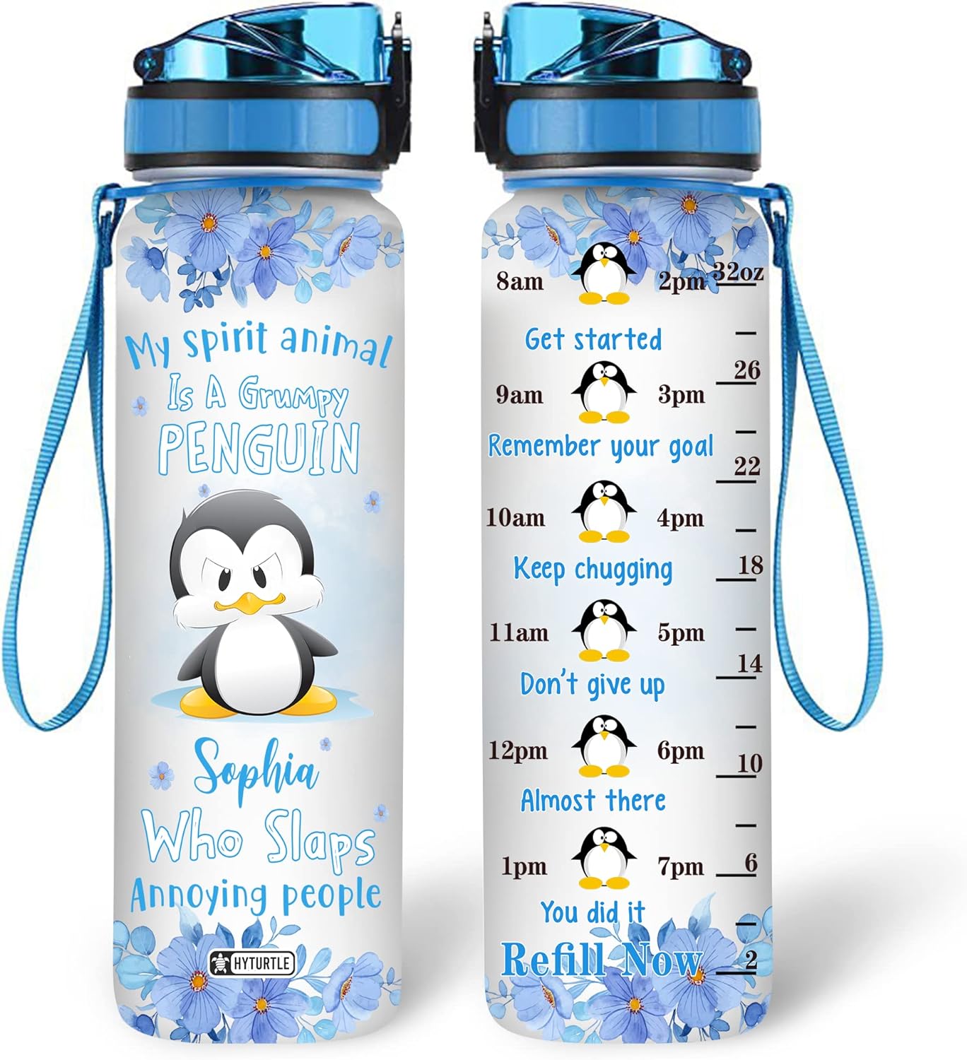 Grumpy Penguin Water Bottle Tracker 32oz – Personalized Funny Gift for Penguin Lovers & Friends